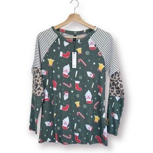 New AYIFU Long Sleeve Top Women’s Size S Mixed Pattern Christmas Holiday Print